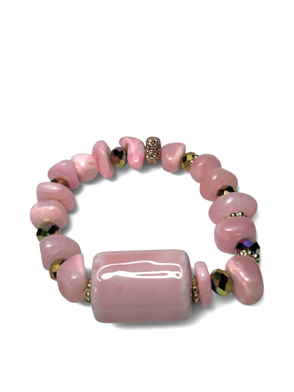 Handcrafted Pink Quartz Chunky & Ceramic Stretch Statement Bracelet